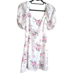 Mi Ami White Pink Floral Chiffon Mini Dress with Puff Sleeves & Tie Back, Large
